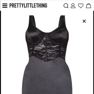 black satin bustier lace insert midi dress